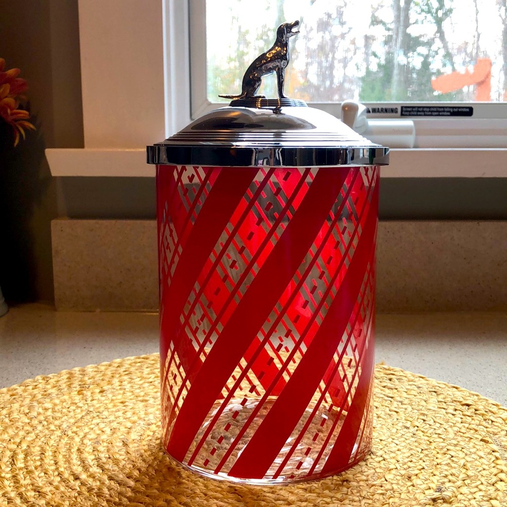 Williams Sonoma Candy Cane Striped Collectable Glass Canister w/ Dalmatian Lid